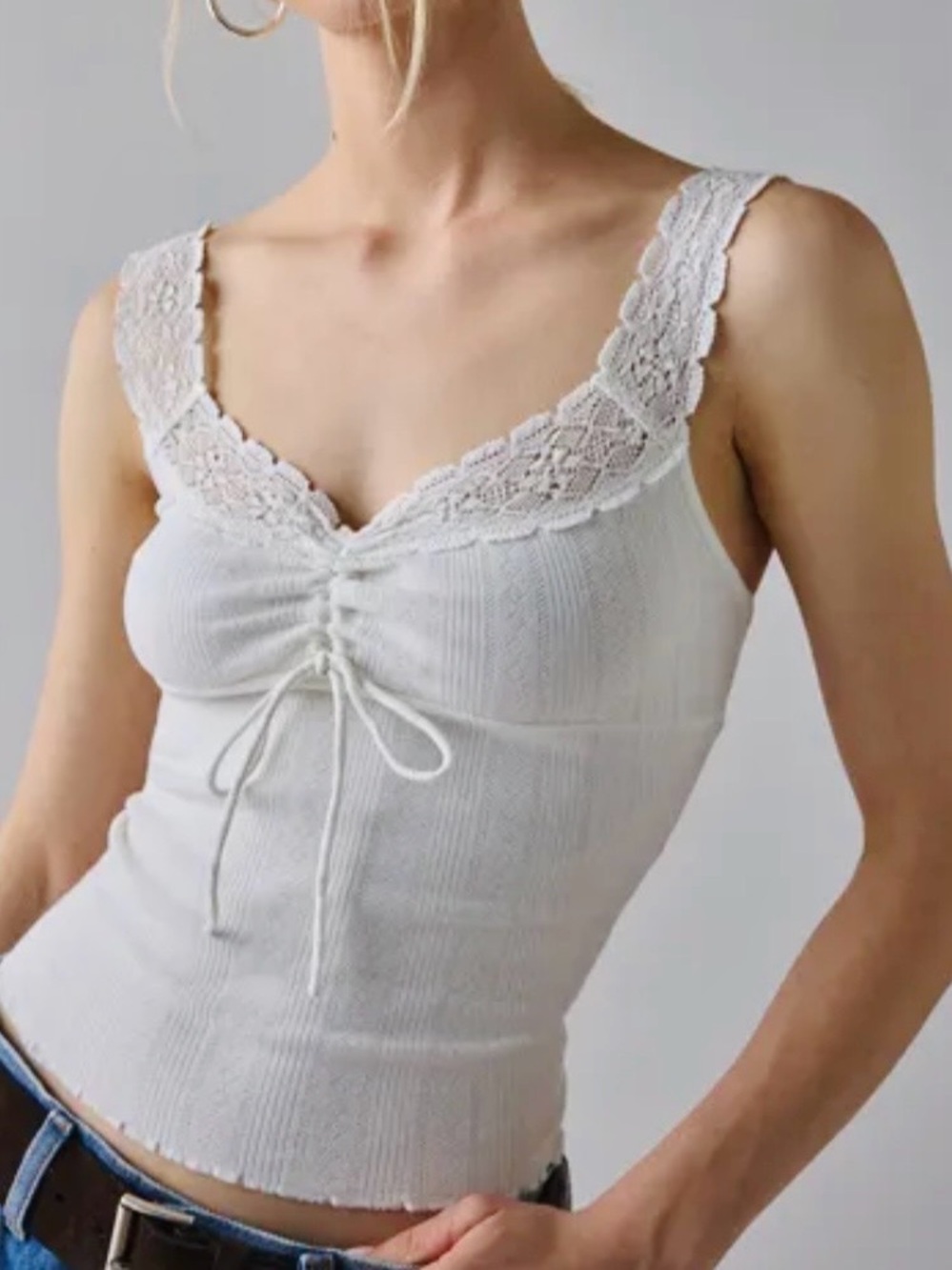 Kimchi Blue White Lace-Trim Ribbed Tank Top - Picture 1 of 2